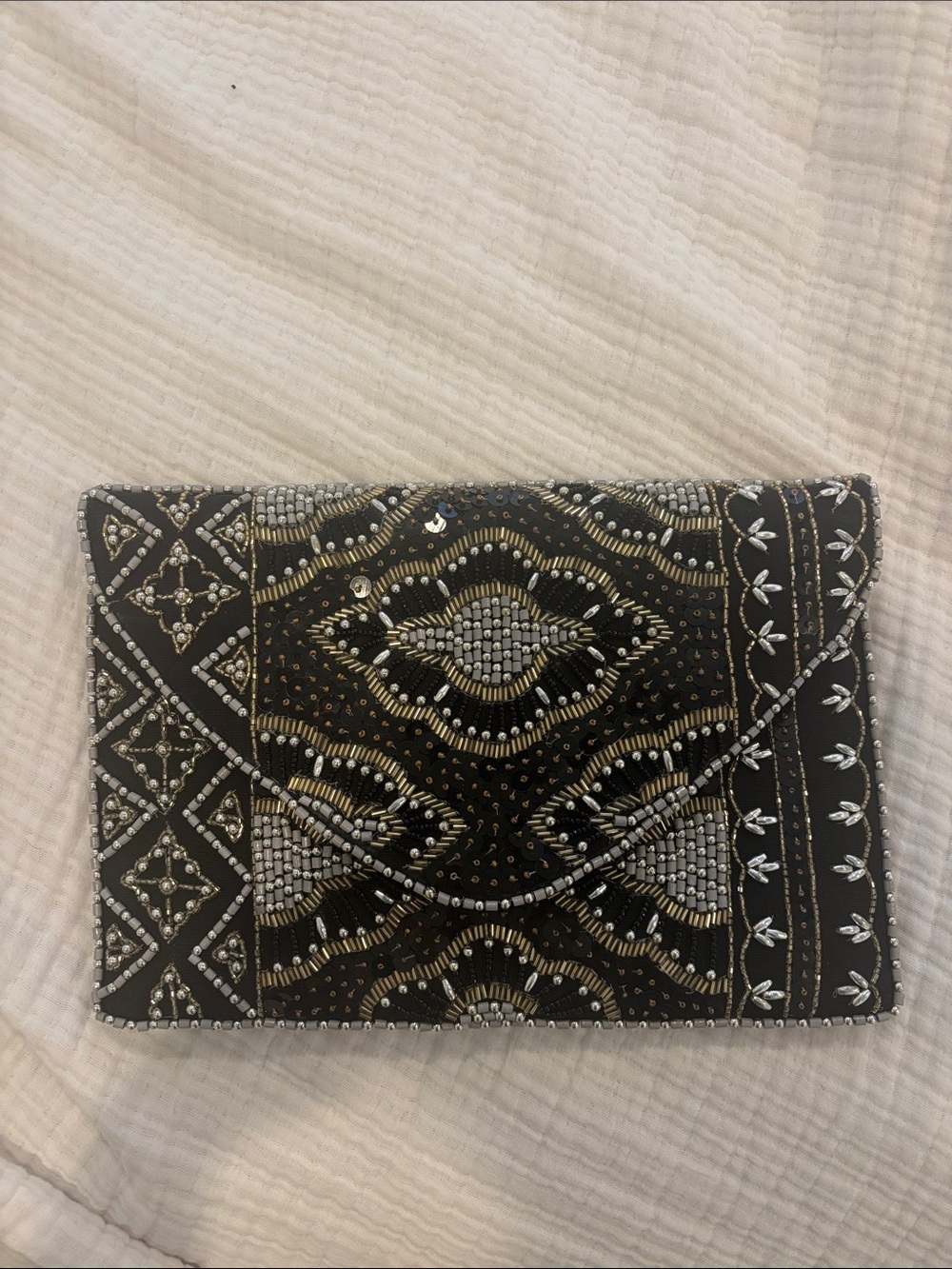 Lulu's Black Beaded Envelope Clutch with Silver & Gold Accents